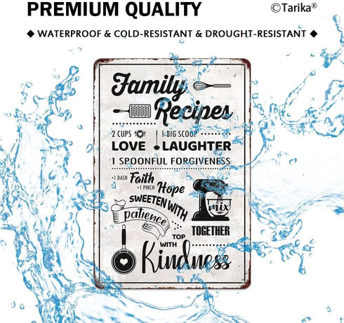 Family Recipes Love Laughter Forgiveness Faith Hope Patience Kindness White Background Metal Sign Home Kitchen Farmhouse Dinig Room Retro Art Wall...