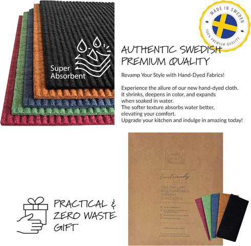 Hand?Dyed 5?Pack Swedish Dishcloths – Reusable, Biodegradable Cloths, Super?Absorbent Dual?Texture, Plastic?Free Packaging, Made in Sweden...