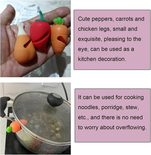 6 Pack Pot Lid Lifter Silicone Heat Resistant Spill Proof Pan Cover Stand Holder Clip Steam Releaser Stopper for Soup Pots Kitchen Gadgets (Carrot...