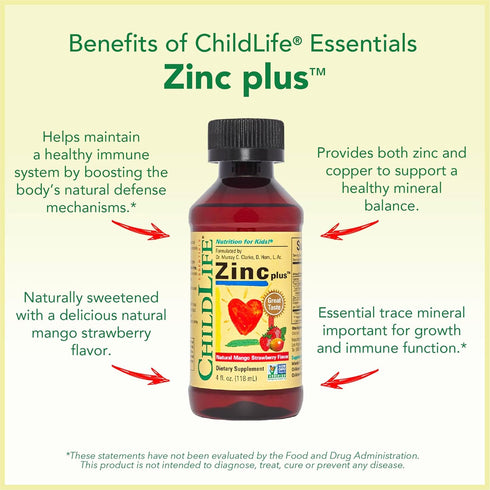 CHILDLIFE ESSENTIALS Liquid Zinc Plus for Kids & Toddler - Liquid Supplement Drops, Zinc Gluconate & Copper for Immune Support - Mango Strawberry,...