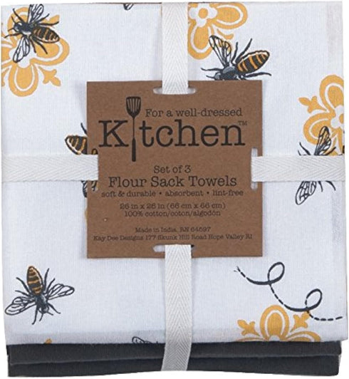 Kay Dee Designs 3-Piece Cotton Flour Sack Towel Set, 26 by 26-Inch, Queen Bee...