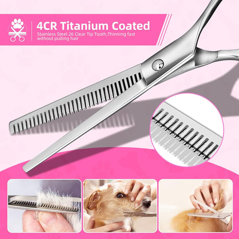 Dog Grooming Scissors Kit with Round Tip, Ecnocal Stainless Steel Titanium Coated Pet Grooming Trimmer Set, Thinning/Straight/Curved Shears, and C...