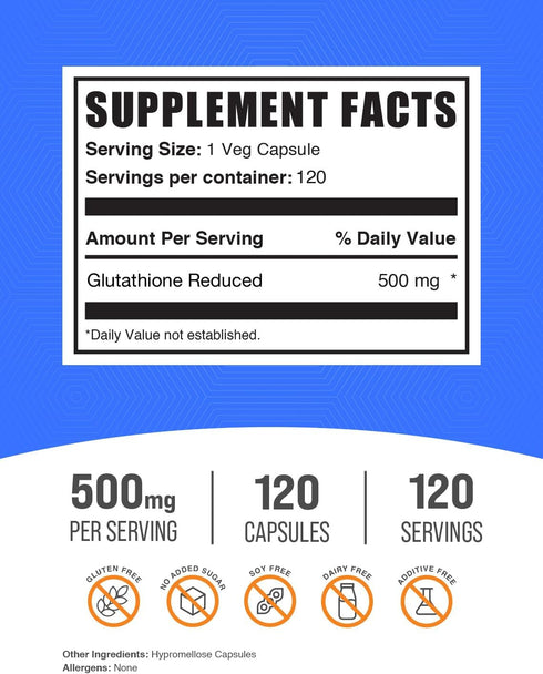 BulkSupplements.com Glutathione Reduced Capsules - or Reduced Glutathione, Glutathione Supplement, Glutathione 500mg - Gluten Free, 1 Capsule Per ...