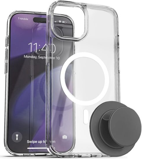 ENCASED Clear Case for iPhone 15 with Removable Magnetic Grip - Flat Collapsible Phone Holder (Compatible with MagSafe)...
