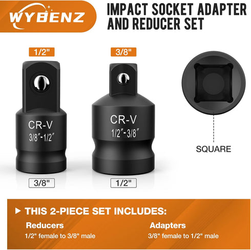 2PCS Impact Socket Adapter and Reducer Set,1/2"to 3/8" & 3/8"to 1/2" Impact Adapter Set Breaker Bar Wrench Conversion Kit Mechanic tools...