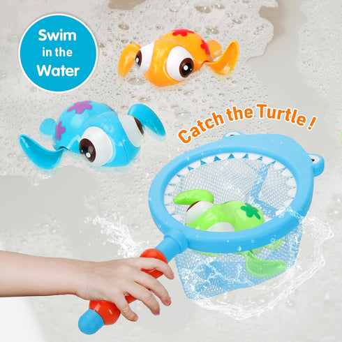 Bath Toys Set for Toddlers 1-3 Kids 4-8, 3Pcs Wind Up Swimming Turtle Water Toys with 1Pcs Shark Fishing Net, Floating Wind Up Turtle Bathtub Toys...