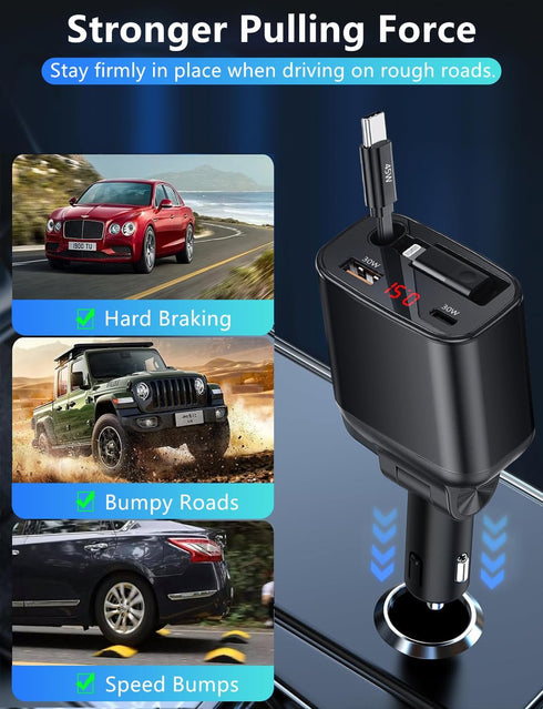 ?Upgraded?Retractable Car Charger 4 in 1, 105W Fast Car Phone Charger with Retractable Cord 2.6ft, USB C and USB Car Charger Adapter, Compatible w...