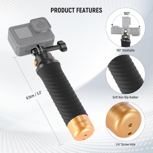 NEEWER Quick Release Floating Hand Grip for Action Camera, Underwater Handle Stick Mount with Detachable Camera Mount Adapter Wrist Strap, Compati...