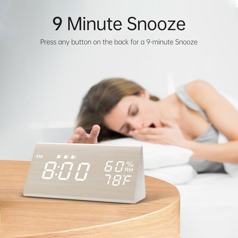 Digital Alarm Clock, with Wooden Electronic LED Time Display, 3 Alarm Settings, Humidity & Temperature Detect, Wood Made Electric Clocks for Bedro...