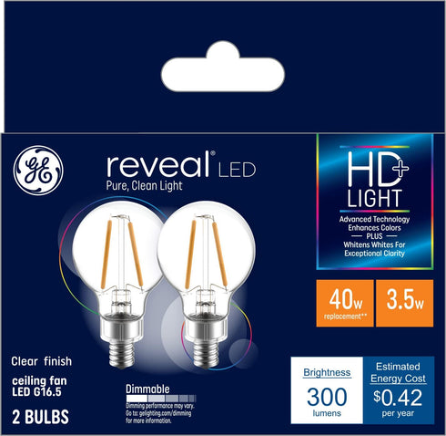 GE Reveal LED Light Bulbs, 40 Watt, A15 Ceiling Fan Bulbs, Clear, Small Base (2 Pack)...