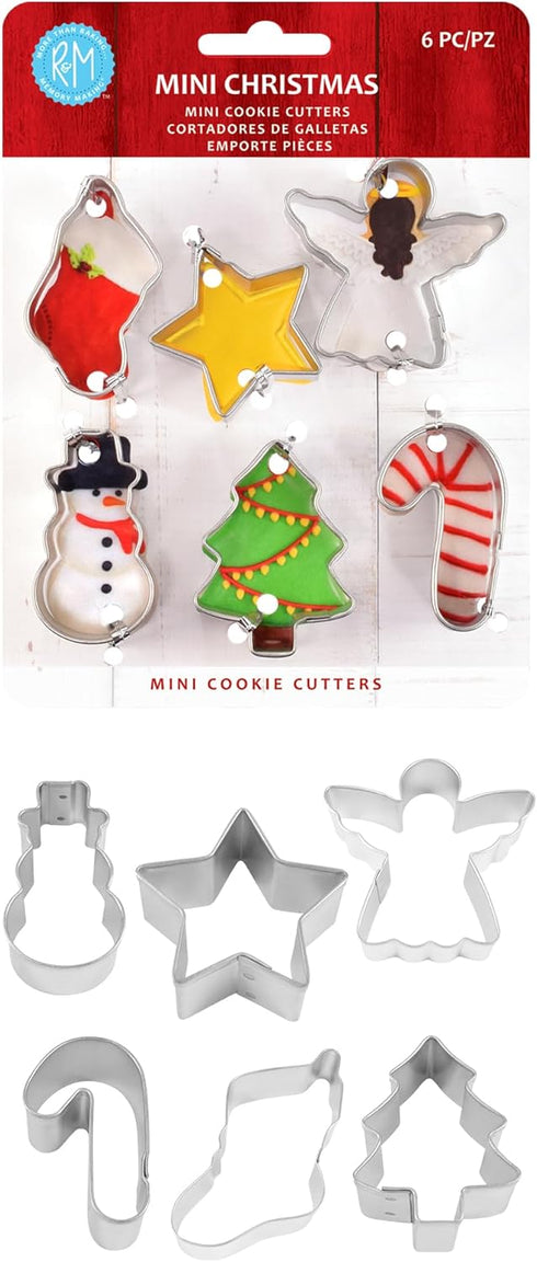 R&M International Mini Christmas Cookie Cutters, Snowman, Stocking, Star, Candy Cane, Tree, Angel, 6-Piece Set...