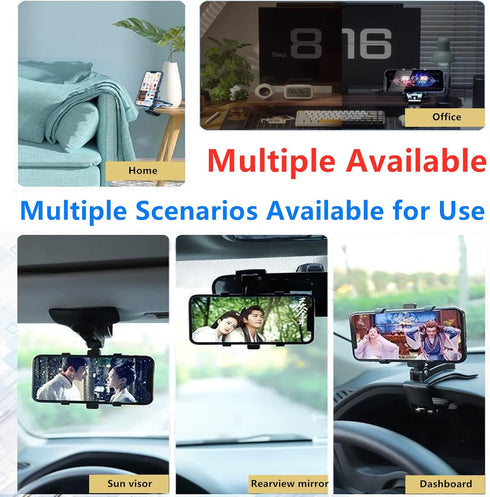 Rotating Cell Phone Holder Safe Driving 360° Rotating Multi-Functional Multi-Scene Dashboard Rearview Mirror Sun Visor Compatible with 4-7 inch Sm...