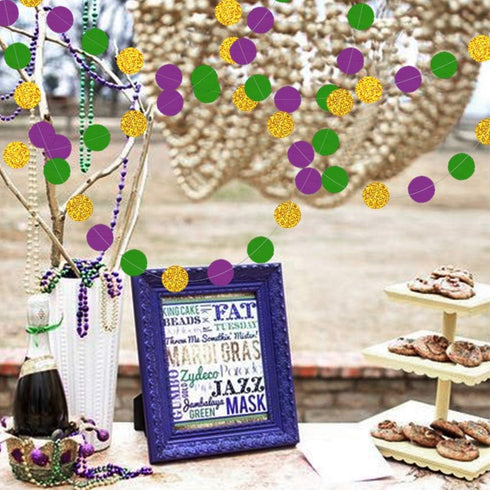 Decor365 Gold Purple Green Mardi Gras Decorations Glitter Dot Mardi Gras Garland Decor Circle Streamers Fat Tuesday Banner Carnival Themed Backdro...