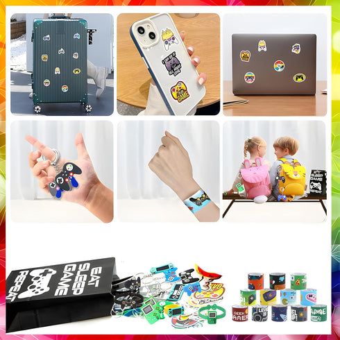 110 Pcs Video Game Party Favors, Gamer party Favors - 12 sets of Gaming Birthday Goodie Bags Included Gift Bags, Game Keychain, Slap Bracelet, Sti...