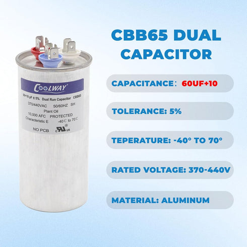COOLWAY 60/10 uF 60+10 MFD 370V or 440V Dual Run Start ac Capacitor for ac 60 10 CBB65r CBB65b Capacitor 370 440 Volt vac Air Conditioner Capacito...