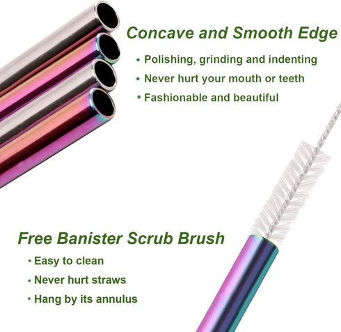 VEHHE Reusable Straws 8 Set Multi Color Stainless Steel Straws - Cleaning Brush for 20 Oz (Rainbow 8.5 inch + 10.5 inch)...