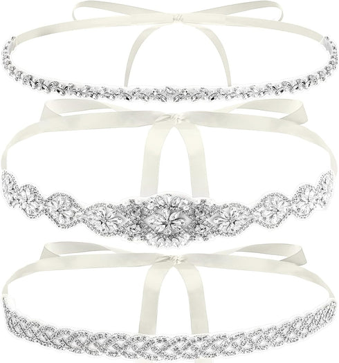 3 Pieces Rhinestone Bridal Belt, Silver Crystal Bridal Sash with White Ribbon Wedding Dresses Belt for Women, Bride, Bridesmaids, Gown, Party, Pro...