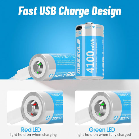 Rechargeable Lithium C Batteries with 4 in 1 USB-C Charge Cable,4 Pack C Cell Li-ion Battries,LR14 1.5V C Size Cell Battery Replacement 4100mWh fo...