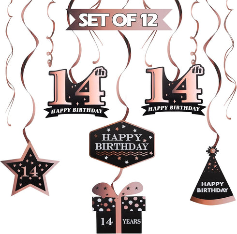 LINGTEER Happy 14th Birthday Decorations - 12 Pcs Birthday Black & Rose Gold Foil Swirls Streamer Set,Cheers to Fourteen Years Old Bday Party Gift...