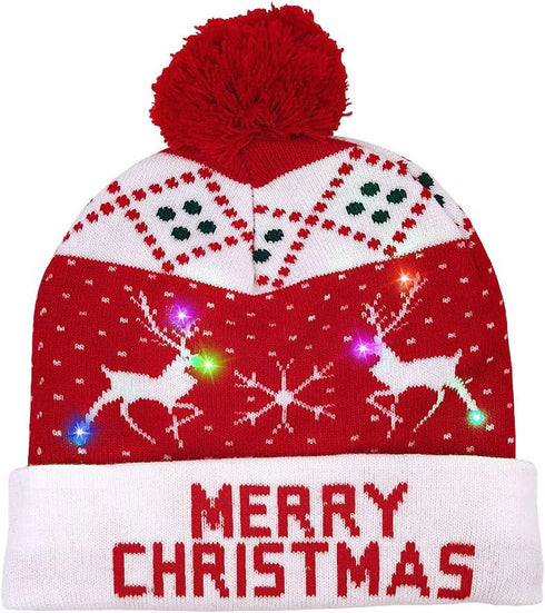 OurWarm LED Christmas Hat Light Up Holiday Hat Cute Reindeer Snowflakes Red Knitted Hat Christmas Beanie with 6 Colorful Lights for Kids Adults Fa...