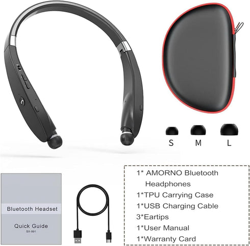 AMORNO Foldable Bluetooth Headphones Wireless Neckband Headset with Retractable Earbuds, Sports Sweatproof Noise Cancelling Stereo Earphones with ...