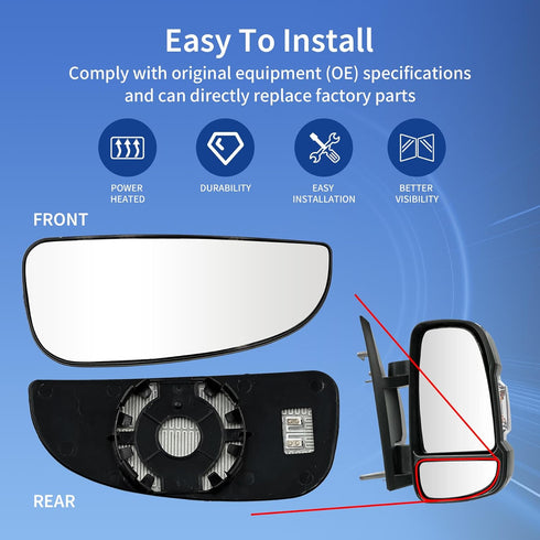 Right Side Heated Lower Mirror Glass for Ram ProMaster 1500 2500 3500 for 2014-2021, Tow Mirror Glass with Rear Holder for 68413479AA...