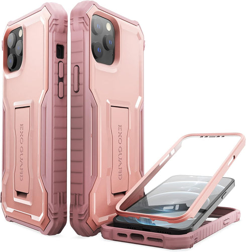 ExoGuard for iPhone 12 Case, Compatible with iPhone 12 Pro, Rubber Shockproof Full-Body Cover with Built-in Screen Protector and Kickstand - Pink...