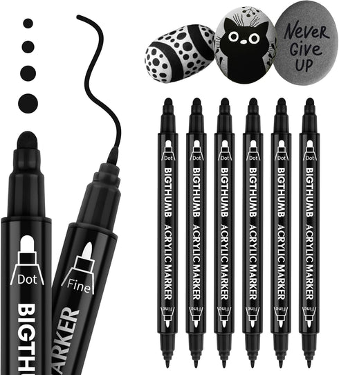Black Paint Pen, 6 Pack Dual Tip Acrylic Paint Markers with Fine Tip and Dot Tip, for Rock Painting, Stone, Ceramic, Glass, Wood, Tire, Fabric, Me...