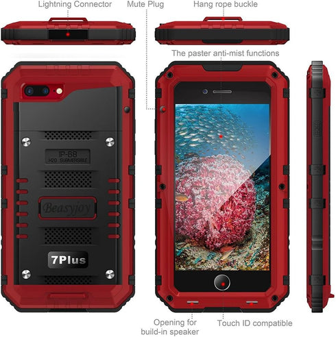 Beasyjoy for iPhone 8 Plus Case for iPhone 7 Plus Metal Case, Waterproof Full Body Protective Case with Screen Protector, Heavy Duty Rugged Shockp...