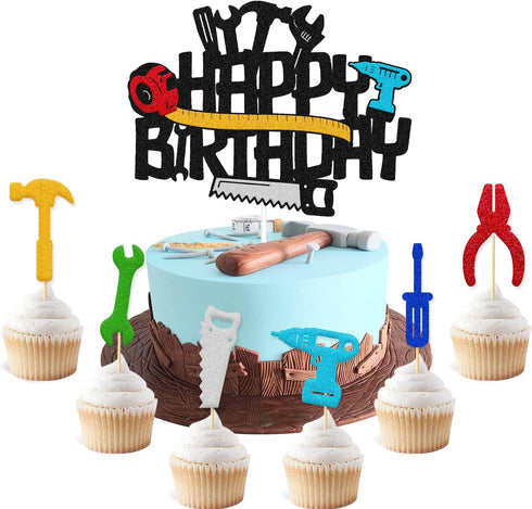 31 Pcs Tools Cupcake Cake Topper Toolbox Wrench Hammer Mechanic Drill Plier Handsaw Tape Measure Screwdrivers Themed Happy Birthday Party Cake Dec...