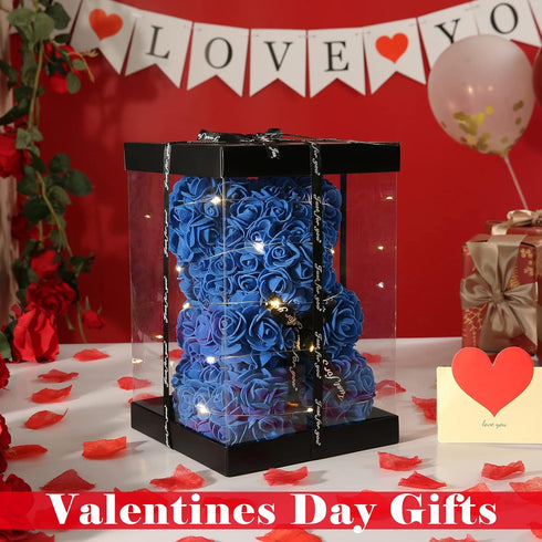 U UQUI Blue Rose Bear Anniversary Flowers Gift for Her, Anniversary Rose Gifts for Wife Flower Bear, Rose Teddy Bear with Box Lights Necklace Ball...