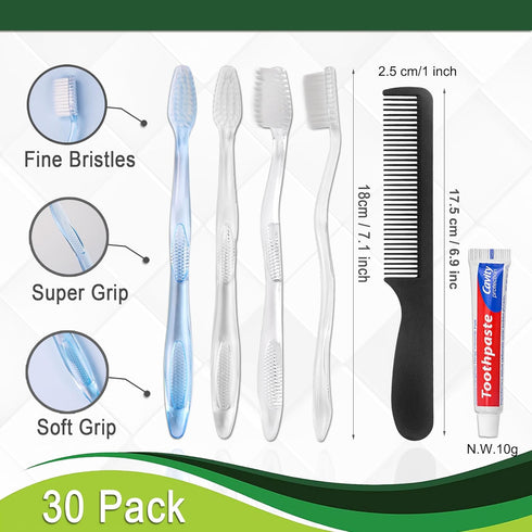 30 Pack Disposable Toothbrushes with Toothpaste and Comb for Homeless Individually Wrapped,10g Travel Toothpaste,7inch Black Hair Comb,Soft Bristl...