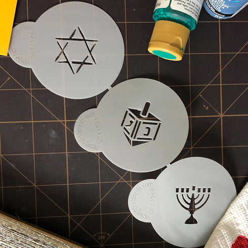 Designer Stencils Jewish Symbols Cookie and Cupcake Stencils, Small, (Dreidel, Star of David, Menorah), Beige/semi-transparent...