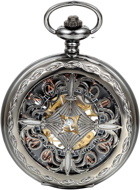 JewelryWe Antique Mechanical Pocket Watch Retro Classic Mechanical Hand-Wind Pocket Watch Steampunk Fob Watch Pendant Watch with Chain, for Father...