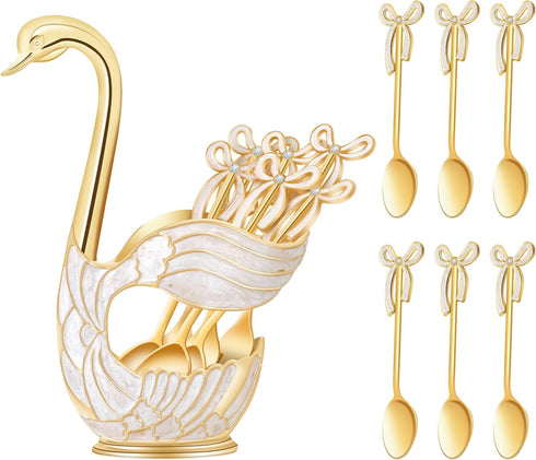 Gold Swan Base Holder,Table Decorative Swan Dessert Spoons Organizer Base Spoons Holder with 6pcs Coffee Spoon set,Elegant Gold Dessert Spoons,Pre...