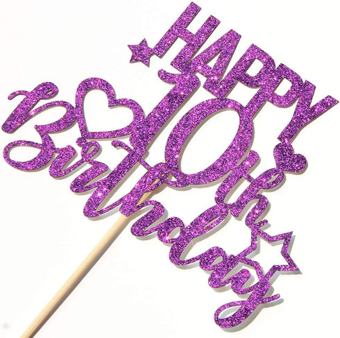 Purple Glitter Happy 10th Birthday Cake Topper for Cheers to 10 Years - Children's Birthday Party Cake Decorations...