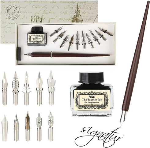 hhhouu Calligraphy Set for Beginners Quill Pen and Ink Set Fancy Pens with Black Ink and 11 Nibs for Lettering,Drawing, Journaling, Signing, Invit...