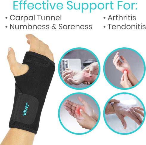 Vive Wrist Brace - Carpal Tunnel Hand Compression Support Wrap for Men, Women, Tendinitis, Bowling, Sports Injuries Pain Relief - Removable Splint...