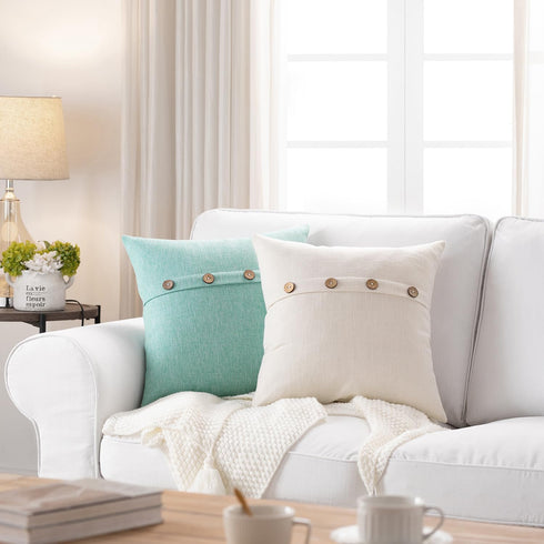 Meekio Set of 2 Ivory Square Pillow Covers 16 x 16 Farmhouse Boho Pillow Covers with Coconut Buttons for Sofa Couch Living Room Bedroom Farmhouse ...