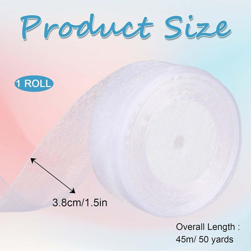 Organza Ribbon White Ribbon Sheer 1.5inch Chiffon Ribbon 50 Yards Tulle Ribbon Gift Wrapping Ribbon Crafts Flower Bouquet Ribbons for Wedding Deco...
