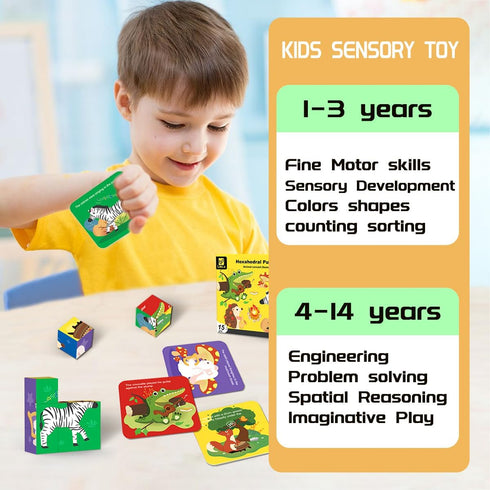 Wooden Cube Jigsaw Puzzle Animal Theme for Toddlers 1+ Years Old, 9-Piece Storytelling Design, 6 Unique Patterns, English Reference Cards, Enhance...