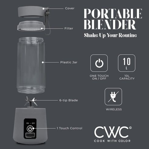 COOK WITH COLOR Mini Portable Blender - 250W Power, 12oz Capacity, Stainless Steel Blade, Wireless/USB Rechargeable, Grey...