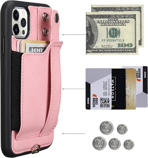 TOOVREN Wallet Case for iPhone 12 Pro Max Lanyard Case with Leather PU Card Holder Stand Adjustable Detachable Phone Neck Strap, Phone Protective ...