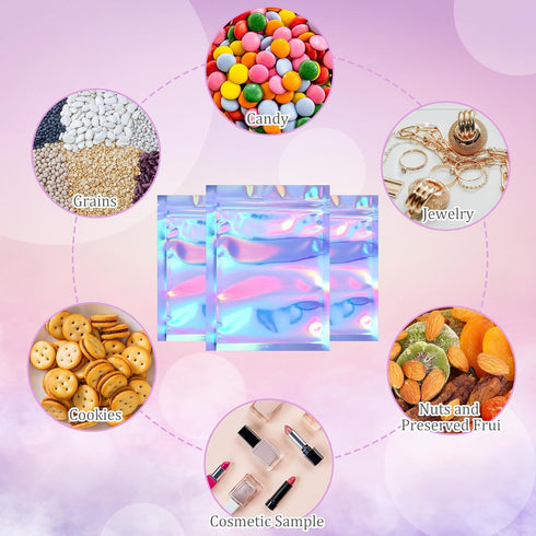 Blulu 100 Pieces Resealable Foil Proof Bags Scent Proof Flat Pouch Clear Smell Sealable Packing Bags Iridescent for Food Storage Snack Jewelry(2 x...