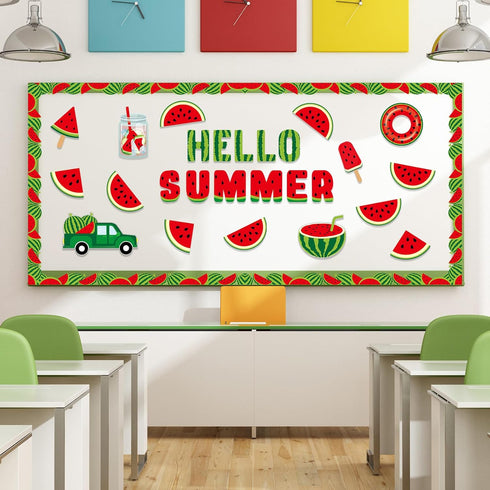 49 PCS Hello Summer Paper Bulletin Board Set Watermelon Classroom Decoration Back to School Cutouts Watermelon Bulletin Board Decor Classroom Deco...