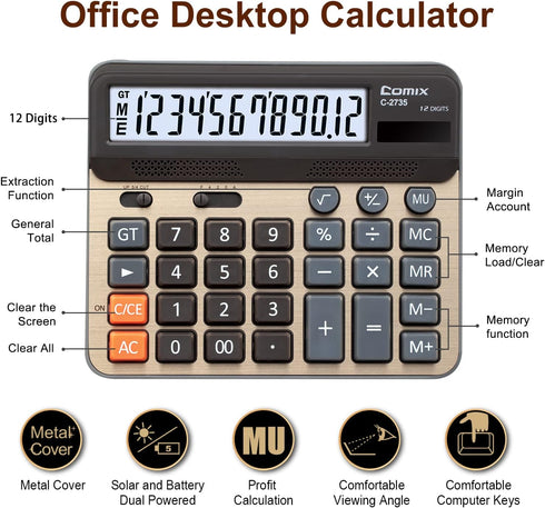 Comix Desktop Calculator, Large Computer Keys, 12 Digits Display, Champaign Gold Color Panel, C-2735...