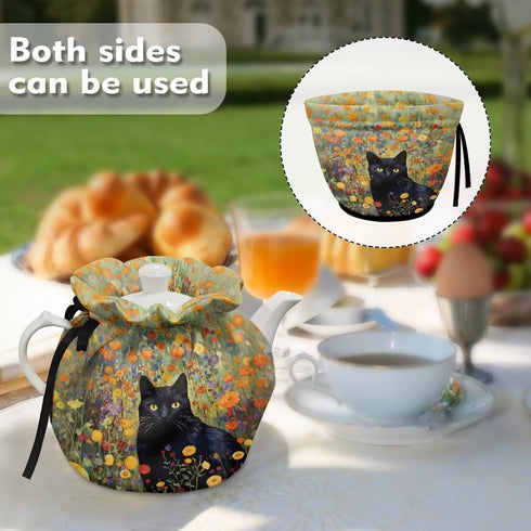 Black Cat Floral Print Tea Pot Cosy Cotton Tea Cozy for Teapots Dust Cover Insulated Kettle Cover Teapot Warmer for Home Kitchen Decorative Access...