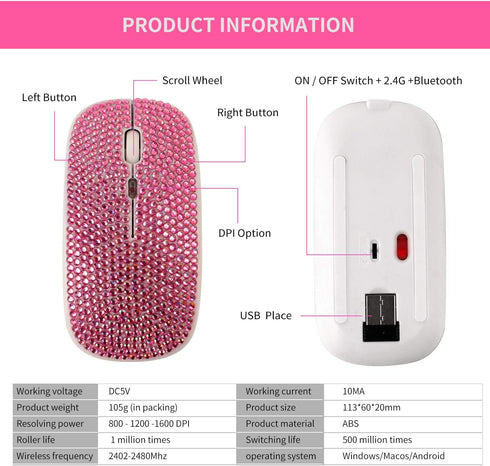 Bluetooth Mouse,Bling Dazzling 2.4GHz Rechargeable Wireless Mouse Slim Mouse with USB Receiver, Compatible with Notebook, PC, Laptop, Computer, Ma...