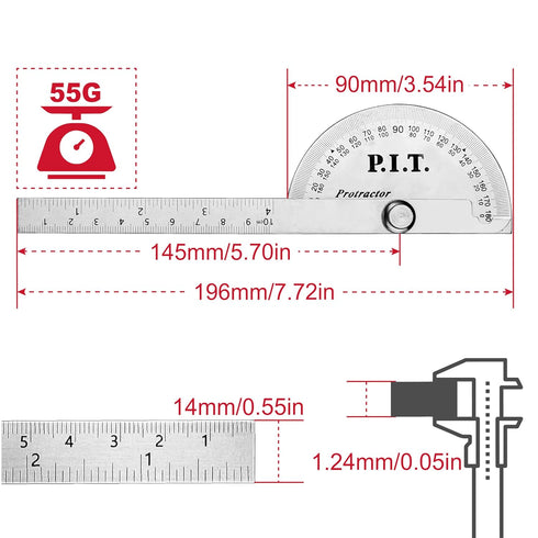 P.I.T. Angle Protractor,Stainless Steel Square Head,Angle Ruler Finder 0-180°,10 cm Woodworking Ruler, Angle Measure Tool, Craftsman Angle Measure...