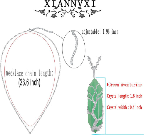 XIANNVXI Tree of Life Wire Wrapped Green Aventurine Crystal Point Pendant Necklace Reiki Healing Crystal Stone Necklaces Natural Spiritual Hexagon...